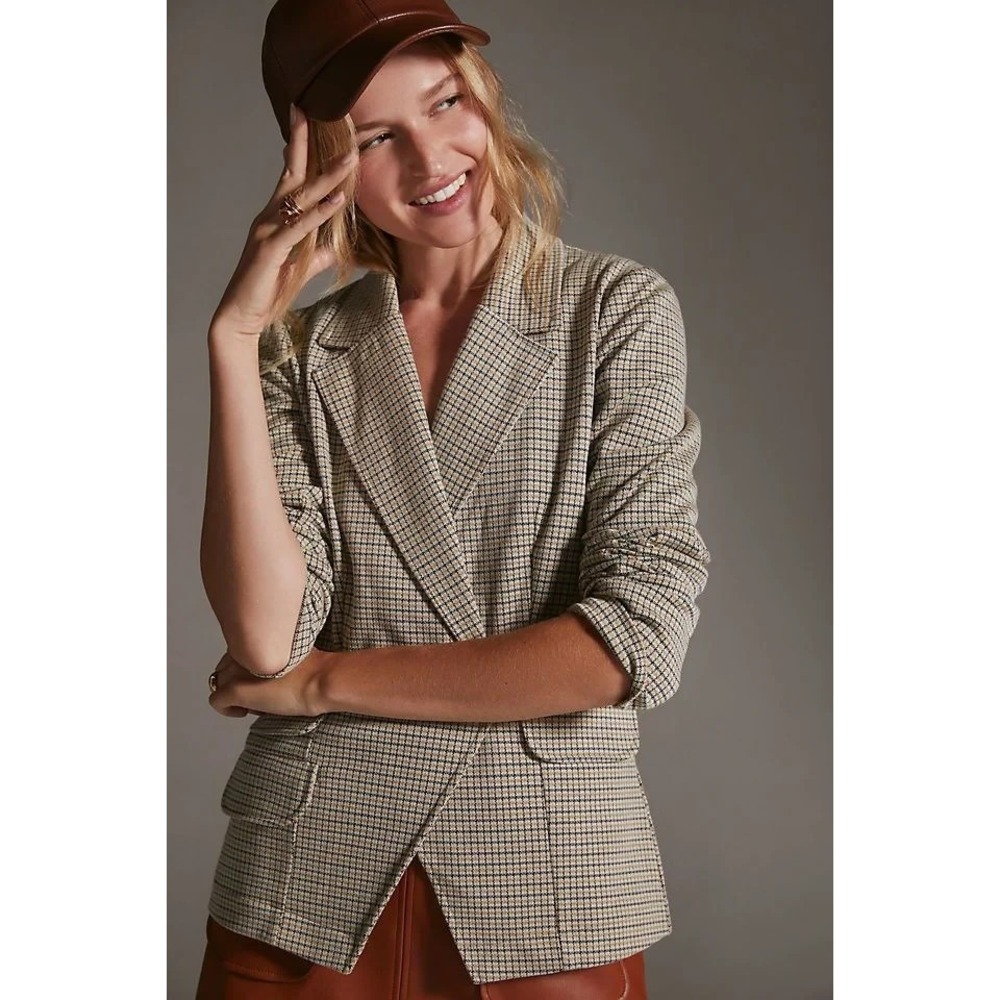 Anthropologie Maeve Collegiate Blazer Women's Large Tan Plaid Knit Asymmetrical - Picture 2 of 14